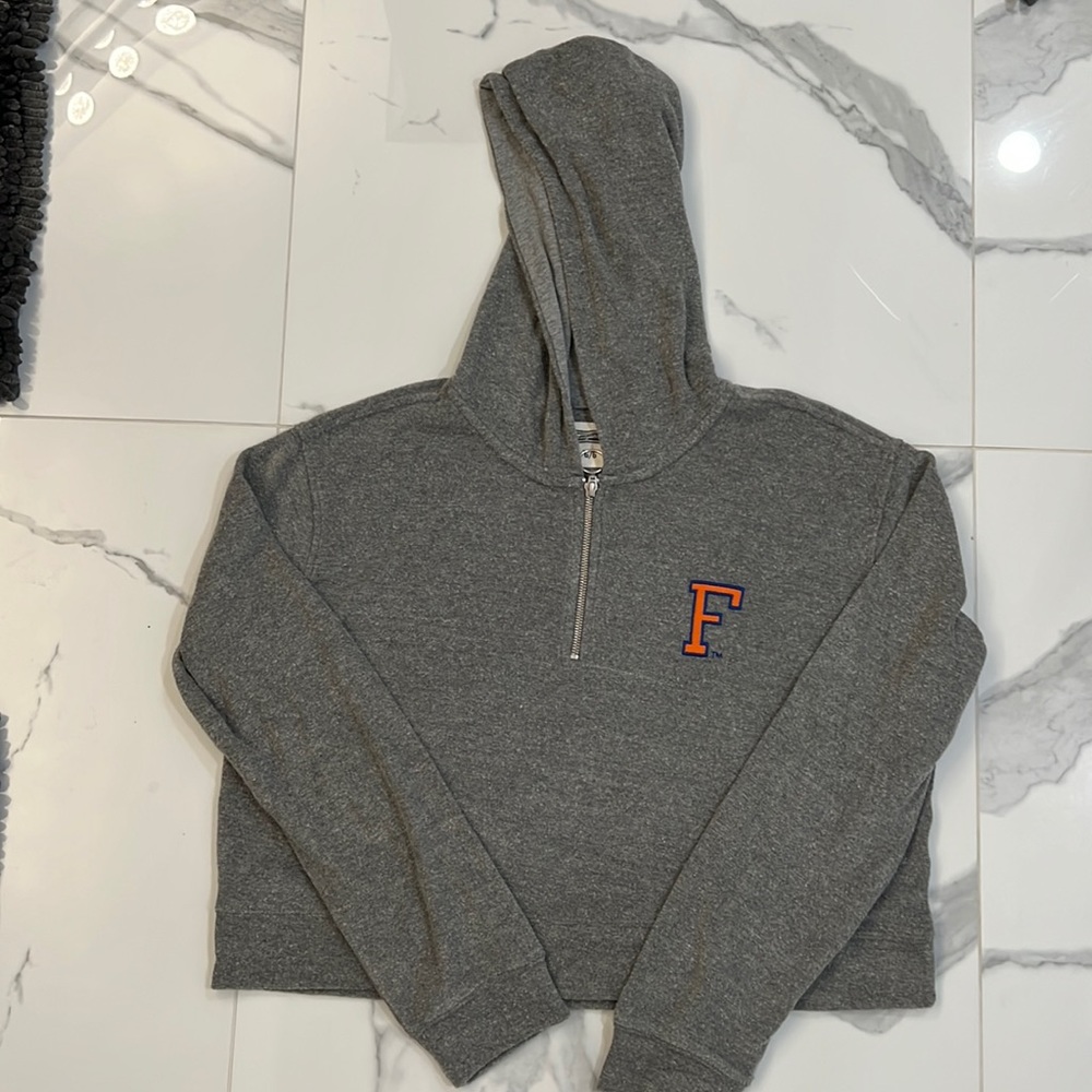 Gray Hooded Sweatshirt with Orange Lettering